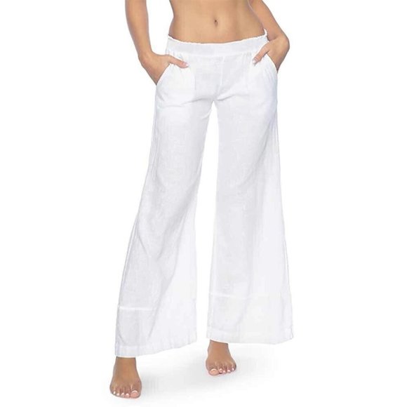 PQ Savannah Smocked Pants Water Lily White Linen Smocked Resort - Picture 2 of 6